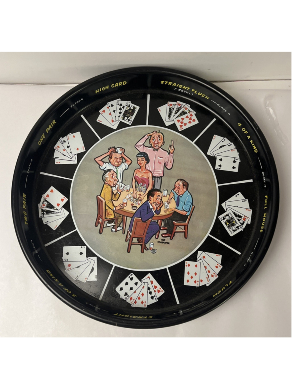 Vintage Poker Hands Metal Serving Tray Joe Carpenter Game Room Barware MCM